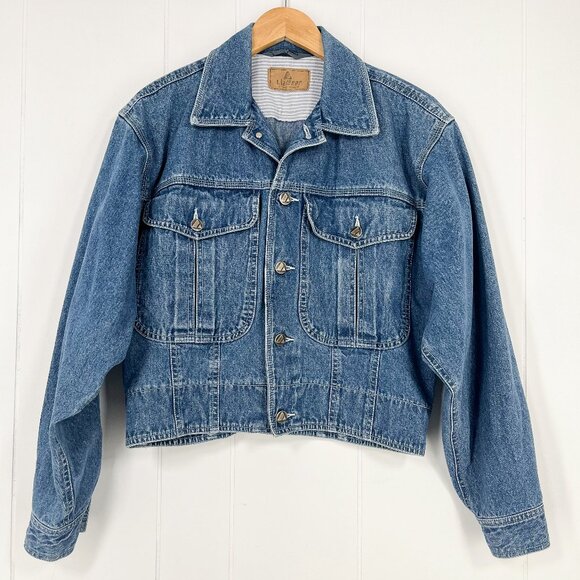 VTG Liz Wear Cropped Denim Jacket Boxy Oversized Cinch Waist Size Medium Blue - Picture 1 of 16